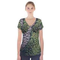 Bird Feathers Green Brown Short Sleeve Front Detail Top
