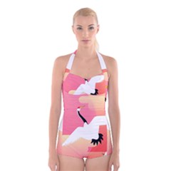 Goose Swan Pink Orange White Animals Fly Boyleg Halter Swimsuit 