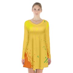 Paint Stains Spot Yellow Orange Green Long Sleeve Velvet V-neck Dress by Alisyart