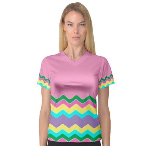 Easter Chevron Pattern Stripes Women s V-neck Sport Mesh Tee by Amaryn4rt