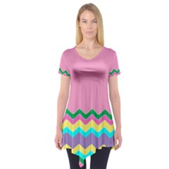 Easter Chevron Pattern Stripes Short Sleeve Tunic  by Amaryn4rt