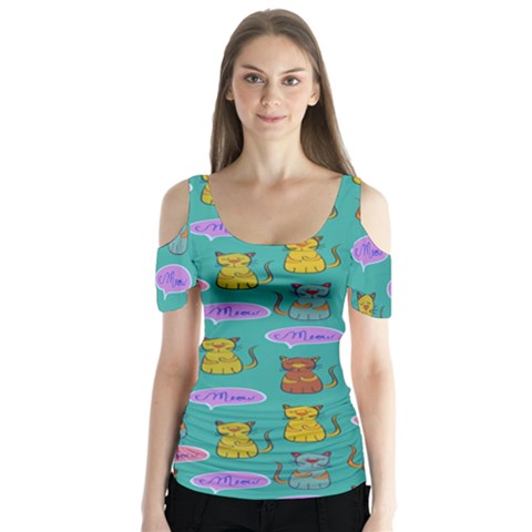 Meow Cat Pattern Butterfly Sleeve Cutout Tee  by Amaryn4rt