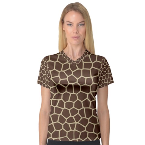 Leather Giraffe Skin Animals Brown Women s V-neck Sport Mesh Tee by Alisyart