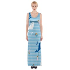 Whaling Ship Blue Sea Beach Animals Maxi Thigh Split Dress