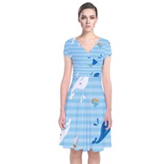 Whaling Ship Blue Sea Beach Animals Short Sleeve Front Wrap Dress