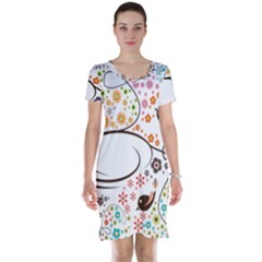 Flower Floral Rose Sunflower Bird Back Color Orange Purple Yellow Red Short Sleeve Nightdress