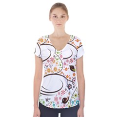 Flower Floral Rose Sunflower Bird Back Color Orange Purple Yellow Red Short Sleeve Front Detail Top