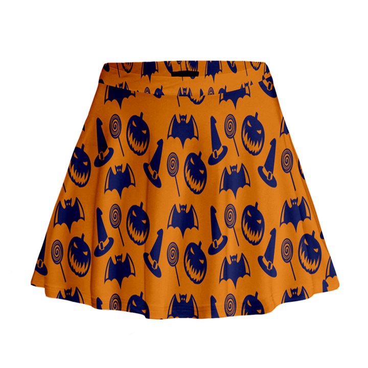 Witch Hat Pumpkin Candy Helloween Blue Orange Mini Flare Skirt