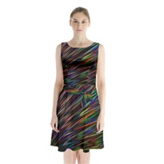 Texture Colorful Abstract Pattern Sleeveless Chiffon Waist Tie Dress