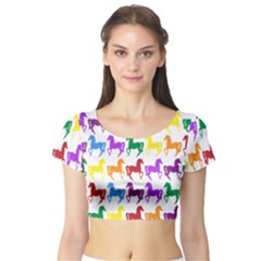 Colorful Horse Background Wallpaper Short Sleeve Crop Top (Tight Fit)
