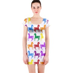 Colorful Horse Background Wallpaper Short Sleeve Bodycon Dress