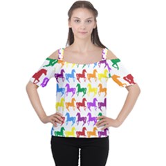 Colorful Horse Background Wallpaper Women s Cutout Shoulder Tee
