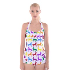 Colorful Horse Background Wallpaper Boyleg Halter Swimsuit 