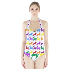 Colorful Horse Background Wallpaper Halter Swimsuit
