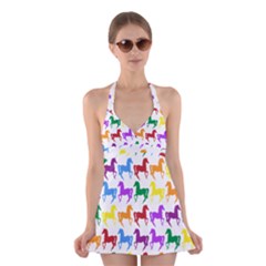 Colorful Horse Background Wallpaper Halter Swimsuit Dress