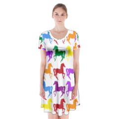 Colorful Horse Background Wallpaper Short Sleeve V-neck Flare Dress