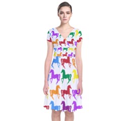 Colorful Horse Background Wallpaper Short Sleeve Front Wrap Dress