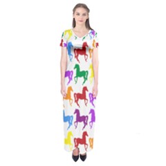 Colorful Horse Background Wallpaper Short Sleeve Maxi Dress