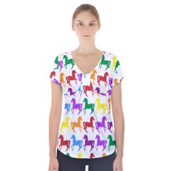 Colorful Horse Background Wallpaper Short Sleeve Front Detail Top