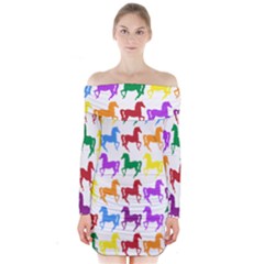 Colorful Horse Background Wallpaper Long Sleeve Off Shoulder Dress