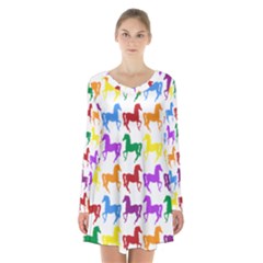 Colorful Horse Background Wallpaper Long Sleeve Velvet V-neck Dress
