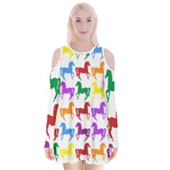 Colorful Horse Background Wallpaper Velvet Long Sleeve Shoulder Cutout Dress