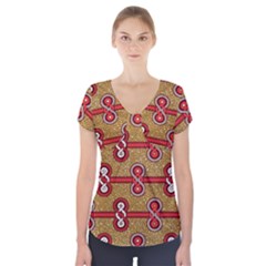 African Fabric Iron Chains Red Purple Pink Short Sleeve Front Detail Top