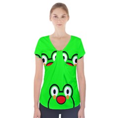 Animals Frog Face Green Short Sleeve Front Detail Top