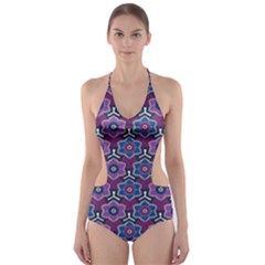 African Fabric Flower Purple Cut-out One Piece Swimsuit