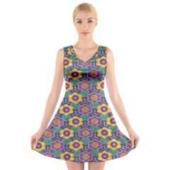 African Fabric Flower Green Purple V-neck Sleeveless Skater Dress