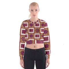African Fabric Star Plaid Gold Blue Red Women s Cropped Sweatshirt by Alisyart
