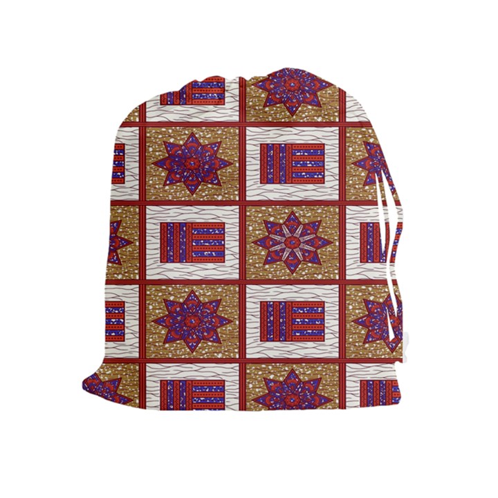 African Fabric Star Plaid Gold Blue Red Drawstring Pouches (Extra Large)