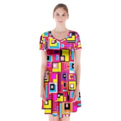 File Digital Disc Red Yellow Rainbow Short Sleeve V-neck Flare Dress