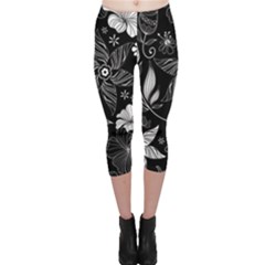 Floral Flower Rose Black Leafe Capri Leggings 