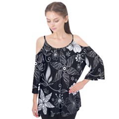 Floral Flower Rose Black Leafe Flutter Tees