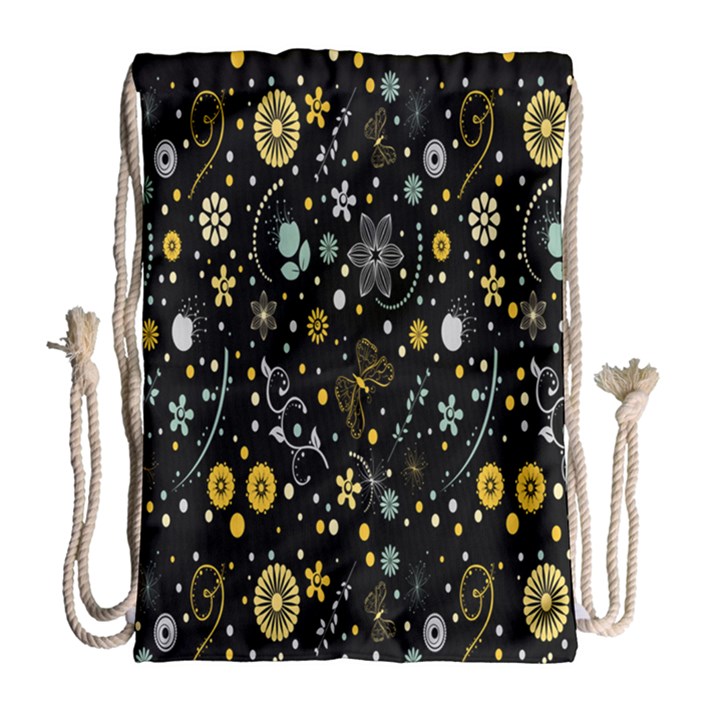 Floral And Butterfly Black Spring Drawstring Bag (Large)