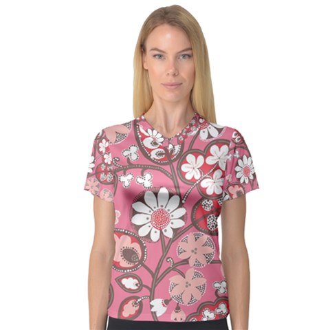 Flower Floral Red Blush Pink Women s V-neck Sport Mesh Tee by Alisyart