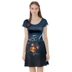 Owl And Fire Ball Short Sleeve Skater Dress by Amaryn4rt