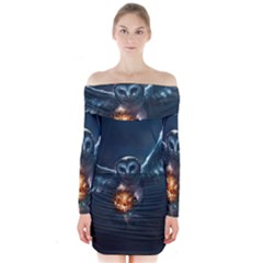 Owl And Fire Ball Long Sleeve Off Shoulder Dress by Amaryn4rt