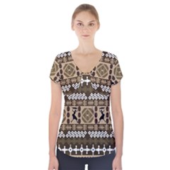 African Vector Patterns Short Sleeve Front Detail Top