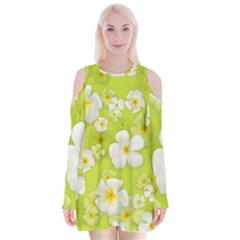 Frangipani Flower Floral White Green Velvet Long Sleeve Shoulder Cutout Dress by Alisyart