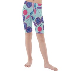 Passion Fruit Pink Purple Cerry Blue Leaf Kids  Mid Length Swim Shorts by Alisyart