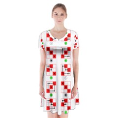 Permutations Dice Plaid Red Green Short Sleeve V-neck Flare Dress