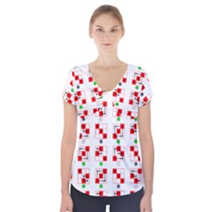 Permutations Dice Plaid Red Green Short Sleeve Front Detail Top