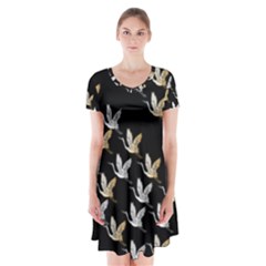 Goose Swan Gold White Black Fly Short Sleeve V-neck Flare Dress
