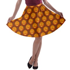 Pumpkin Face Mask Sinister Helloween Orange A-line Skater Skirt