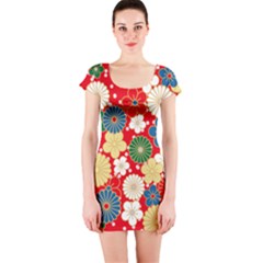 Season Flower Rose Sunflower Red Green Blue Short Sleeve Bodycon Dress by Alisyart