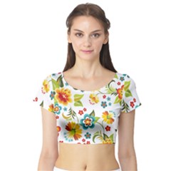 Flower Floral Rose Sunflower Leaf Color Short Sleeve Crop Top (tight Fit)