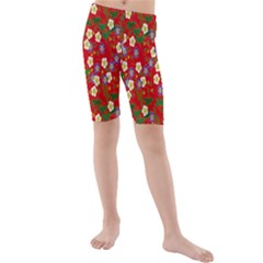 Red Flower Floral Tree Leaf Red Purple Green Gold Kids  Mid Length Swim Shorts