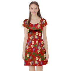 Red Flower Floral Tree Leaf Red Purple Green Gold Short Sleeve Skater Dress